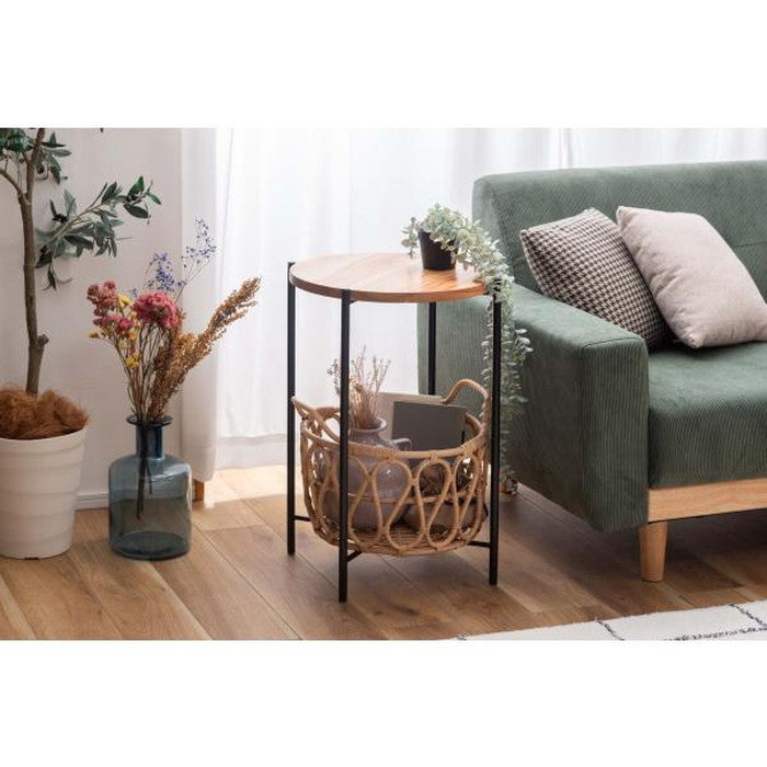バスケット付きサイドテーブル ナチュラル W43.5×D43.5×H60 テーブル バスケット付き 収納 机 サイドテーブル ラタン 籐 スチール 天板 ソファサイド ベッドサイド azu-guy-822の画像