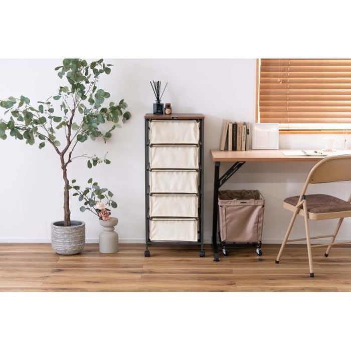 チェスト5段 ブラウン グレー アイボリー W43×D44×H101.5 チェスト 5段 布 キャンバス キャスター付き 収納家具 収納 ファブリック 組立簡単 衣類収納 ワゴン チェストワゴン ファブリックチェスト たんす ランドリーチェスト ランドリーラック シンプル 引き出し ブラウン グレー アイボリー 天板付き azu-mip-575の画像