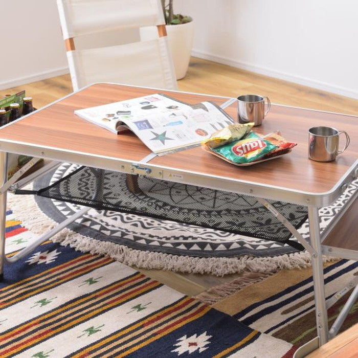 フォールディングテーブル ブラウン W129/96×D60×H43 折りたたみ時:W60×D7×H48cm 折りたたみ 折り畳み 折畳 フォールディングテーブル アウトドアテーブル 折りたたみテーブル テーブル 棚付き トレー付き 収納 キャンプ BBQ アウトドア 軽量 コンパクト ベランピング おうちキャンプ azu-odl-556の画像