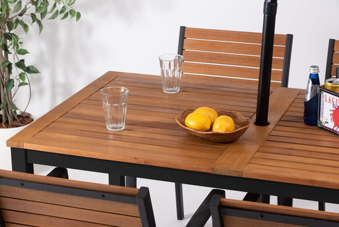 オリー ダイニング テーブル ブラック グレー W140×D80×H74cm ダイニングテーブル 天然木 ガーデン 庭 屋外 テラス アルミ パラソルホール アジャスター かわいい おしゃれ ブラック 黒 azu-ods-74の画像