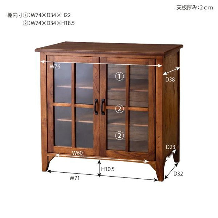 ティンバー キャビネット ブラウン W80×D40×H75 キャビネット ミンディ材 天然木 アンティーク スリム 省スペース 小さめ 黒アイアン ブラウン 収納 扉付き 棚付き ガラス扉 おしゃれ 模様替え azu-pm-318の画像