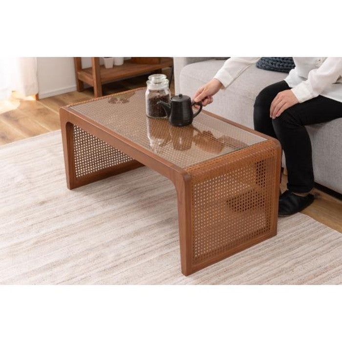 センターテーブル ブラウン W90×D45×H40.5 ラタン 籐 センターテーブル テーブル 机 ラタンセンターテーブル ラタンテーブル ローテーブル ガラス天板 ガラス クリア クリア天板 メッシュ ガラステーブル 籐編み azu-pm-501の画像