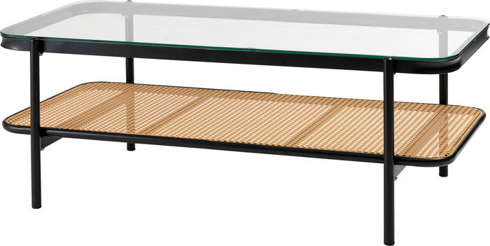 リビングテーブル センターテーブル ブラック W110×D54.5×H40.5 リビングテーブル ガラステーブル 透け感 抜け感 おしゃれ シンプル ブラック 黒 ディスプレイ収納 棚 かっこいい モダン インダストリアル ラタン テーブル 机 つくえ ベージュ 吸盤付き ガラス クリアテーブル クリア azu-toe-130の画像