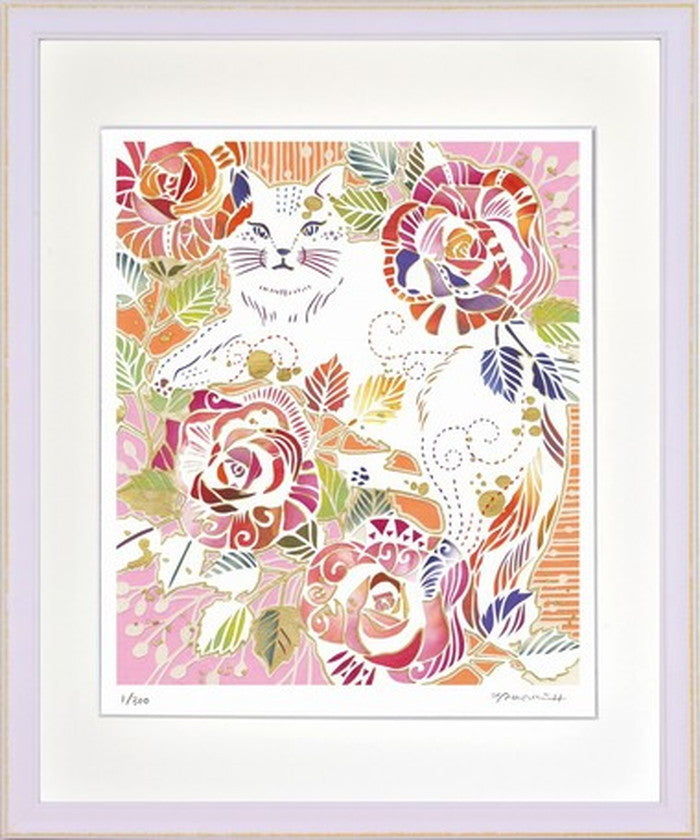 アートフレーム 平石 智美 バラ模様のねこ 375x452x27mm ZTH-61903 bic-7377069s1の画像