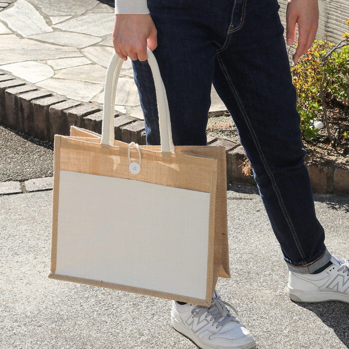 ジュートバッグ ポケット・ボタン付き M NA 完成品 W360×D190×H315mm 0.24kg fj-38724の画像