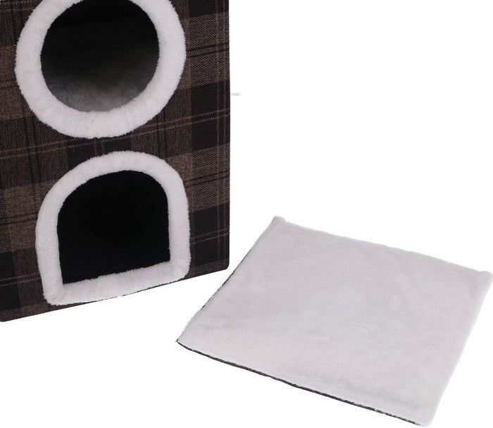 ペットハウス 2ルーム ルーフベッド付 ブラウンチェック 400×400×650 fj-53721の画像