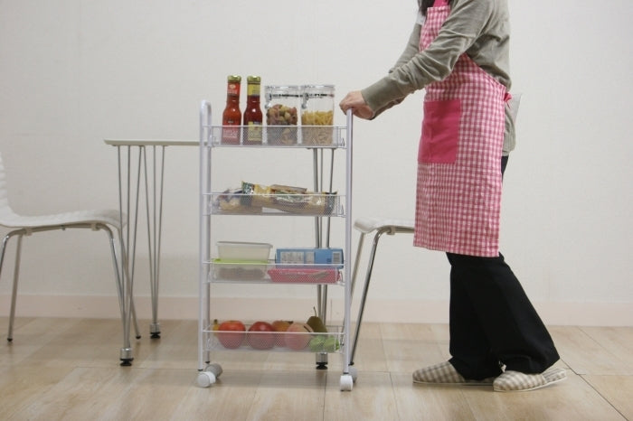 メッシュワゴン トローリー キャスター付き4段 WH ホワイト fj-69294の画像