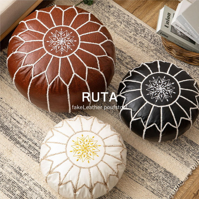 プフ スツール ルタ 直径約40cm Mサイズ 円形 クッション オットマン フェイクレザー 合皮 モロッカン 刺繍 hig-270083900xの画像