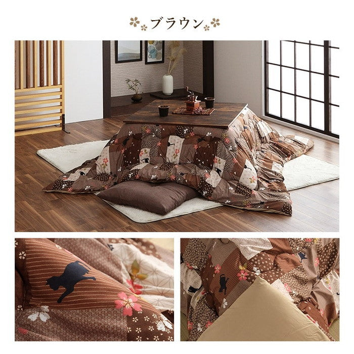 こたつ布団 正方形 掛け単品 ネコ柄 チェック柄 約190×190cm ブラウン エンジ グリーン ihk-1160650060803の画像