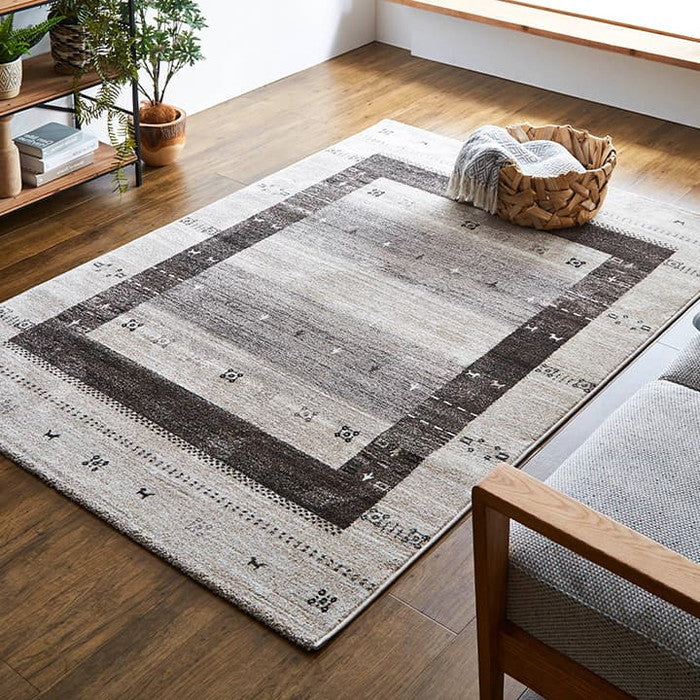 トルコ製 ウィルトン織り カーペット ラグ 絨毯 長方形 ギャッベ柄 約80×140cm ベージュ グレー ihk-1321490020101の画像