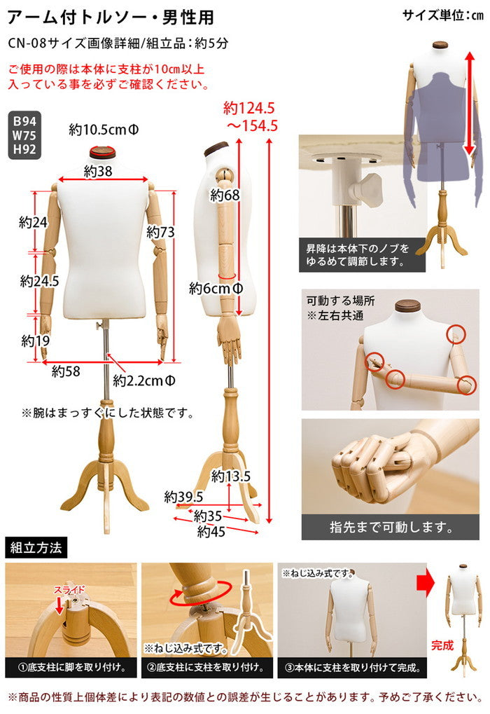 アーム付きトルソー 男性用 アイボリー sk-cn08の画像