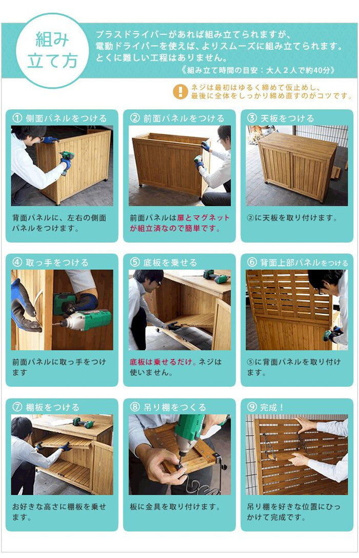 天然木 パネル付き収納庫100 倉庫 屋外 室内 ガーデン コンテナ ベランダ 木製 作業棚 吊り棚 smi-yb-202nw100の画像