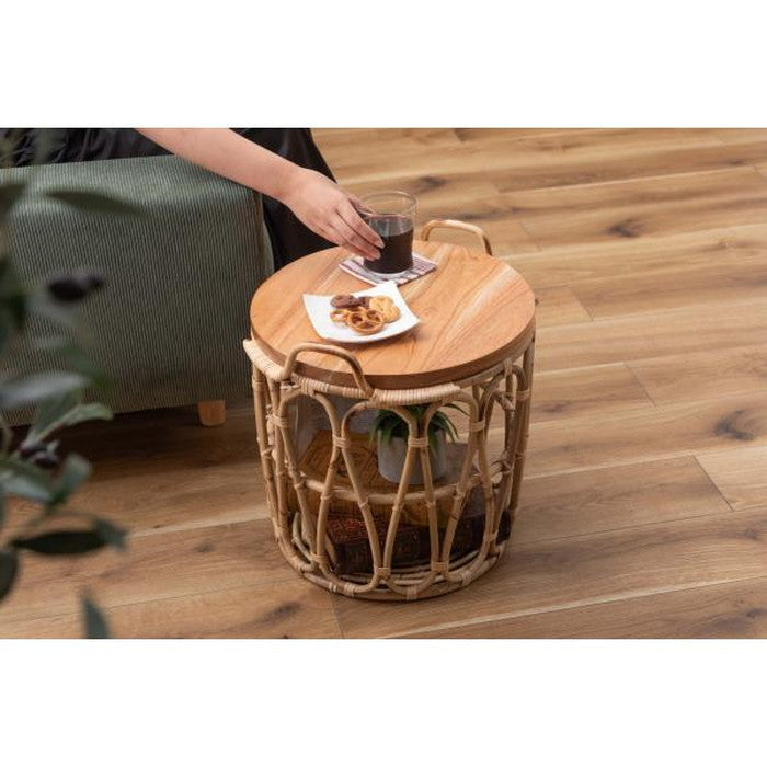 バスケットテーブル ナチュラル 約W43×D43×H42 テーブル バスケット付き 収納 机 サイドテーブル ラタン 籐 スチール 天板 ソファサイド ベッドサイド azu-guy-821の画像