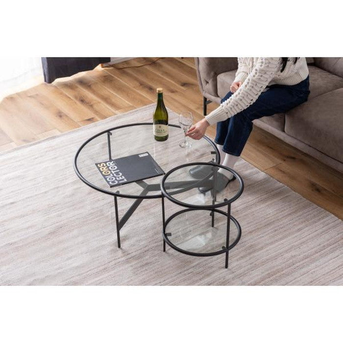 ラウンド ガラス テーブル 2D ブラック W38×D38×H38.5 円形  azu-hit-243の画像