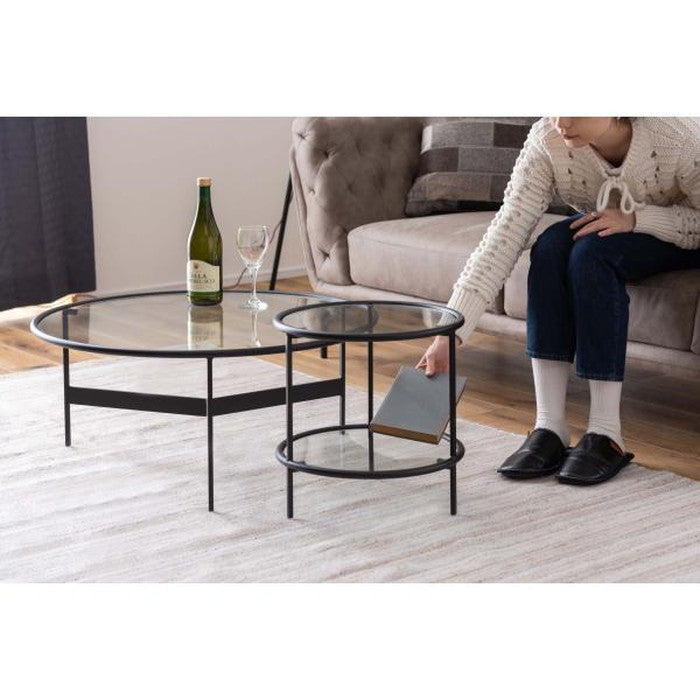 ラウンド ガラス テーブル 2D ブラック W38×D38×H38.5 円形  azu-hit-243の画像