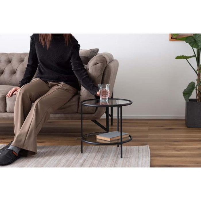 ラウンド ガラス テーブル 2D ブラック W38×D38×H38.5 円形  azu-hit-243の画像