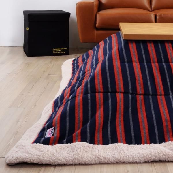 薄掛 コタツ布団 こたつ 正方形 ネイビー W190×D190 こたつ布団 ボーダー ストライプ シンプル 洋室 和室 リビング 正方形 約190?190 掛ふとん おしゃれ 薄掛け フリース 保温性 正方形こたつ布団 ふとん ネイビーとレッドのボーダー柄 azu-kk-159の画像