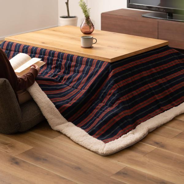 薄掛 コタツ布団 こたつ 長方形 ネイビー W190×D230 こたつ布団 ボーダー ストライプ シンプル 洋室 和室 リビング 長方形 約190?230 掛ふとん おしゃれ 薄掛け フリース 保温性 正方形こたつ布団 ふとん ネイビーとレッドのボーダー柄 azu-kk-160の画像