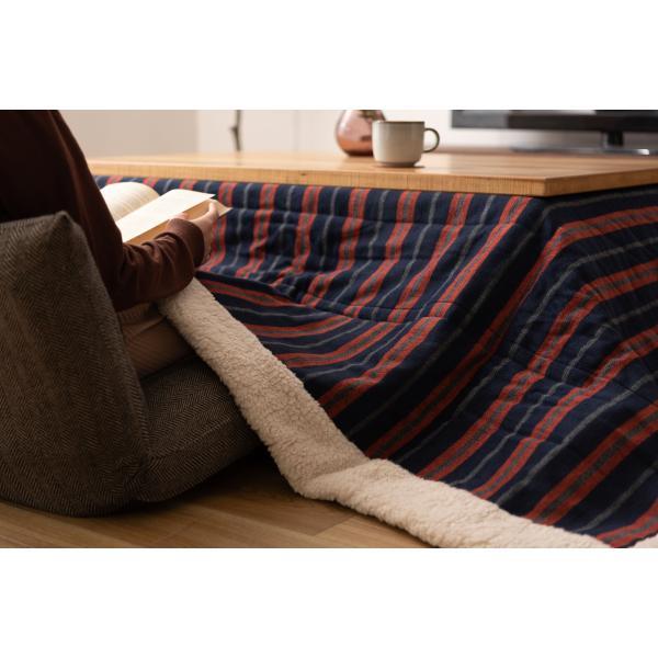 薄掛 コタツ布団 こたつ 長方形 ネイビー W190×D230 こたつ布団 ボーダー ストライプ シンプル 洋室 和室 リビング 長方形 約190?230 掛ふとん おしゃれ 薄掛け フリース 保温性 正方形こたつ布団 ふとん ネイビーとレッドのボーダー柄 azu-kk-160の画像