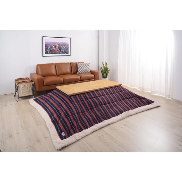 薄掛 コタツ布団 こたつ 長方形 ネイビー W190×D230 こたつ布団 ボーダー ストライプ シンプル 洋室 和室 リビング 長方形 約190?230 掛ふとん おしゃれ 薄掛け フリース 保温性 正方形こたつ布団 ふとん ネイビーとレッドのボーダー柄 azu-kk-160の画像