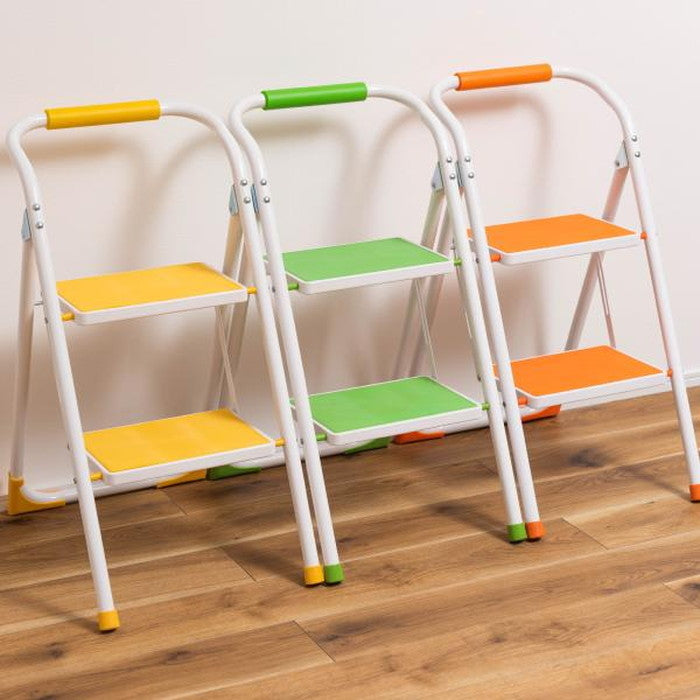 踏み台 ステップ台 グリーン オレンジ イエロー W39×D54×H76 脚立 折りたたみ 踏み台 2段 ステップ台 折り畳み 安全 丈夫 スリム 手すり付き 手すり 子供 子ども 洗面所 折り畳み おしゃれ トイレ 手洗い 洗車 軽量 軽い 収納 スチール キッズ グリーン オレンジ イエロー azu-lfs-007の画像