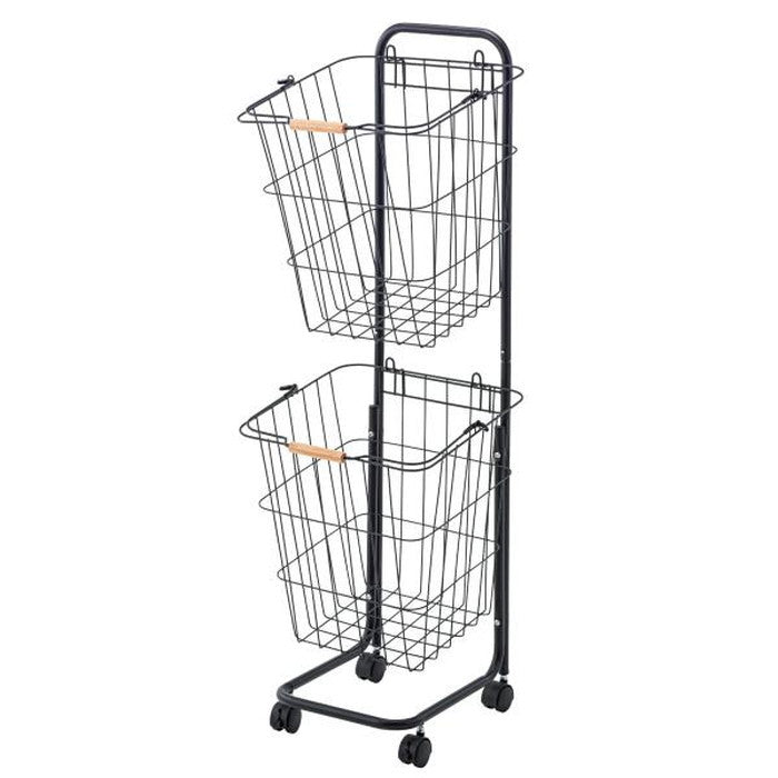 バスケットワゴン ブラック ホワイト W37×D40×H107 バスケットワゴン バスケット ランドリーワゴン 洗濯かご 洗濯物入れ 省スペース スリム キャスター付き スクエア型 収納 取り外し スタッキング可能 シンプル 清潔感 おしゃれ ブラック ホワイト azu-lfs-881の画像