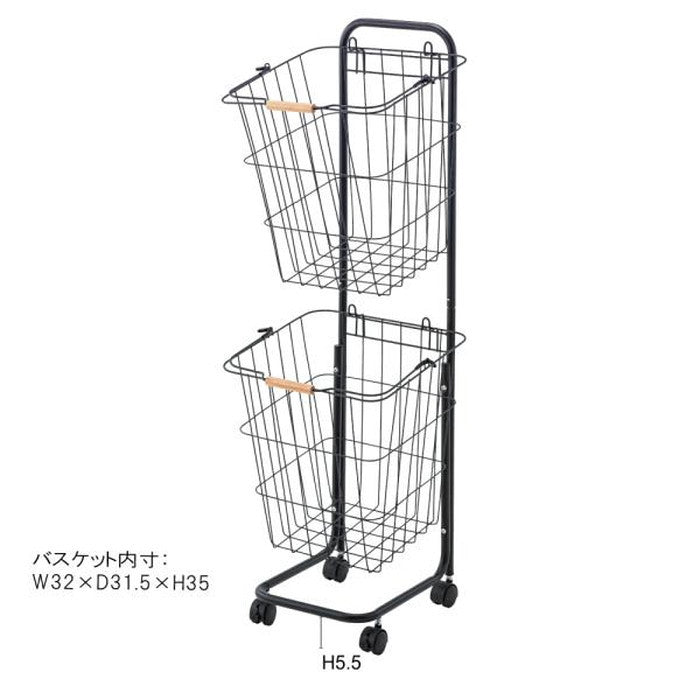 バスケットワゴン ブラック ホワイト W37×D40×H107 バスケットワゴン バスケット ランドリーワゴン 洗濯かご 洗濯物入れ 省スペース スリム キャスター付き スクエア型 収納 取り外し スタッキング可能 シンプル 清潔感 おしゃれ ブラック ホワイト azu-lfs-881の画像