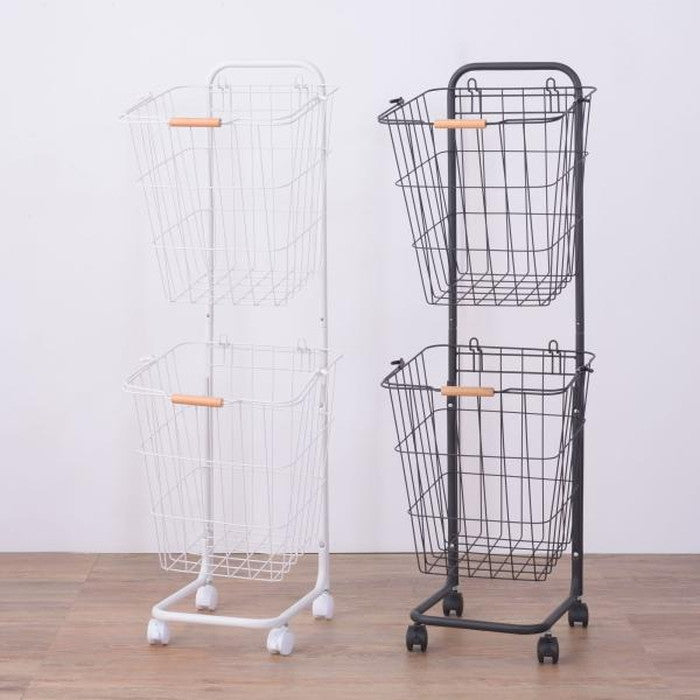 バスケットワゴン ブラック ホワイト W37×D40×H107 バスケットワゴン バスケット ランドリーワゴン 洗濯かご 洗濯物入れ 省スペース スリム キャスター付き スクエア型 収納 取り外し スタッキング可能 シンプル 清潔感 おしゃれ ブラック ホワイト azu-lfs-881の画像