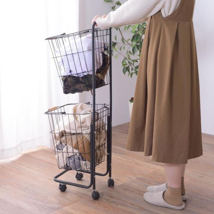 バスケットワゴン ブラック ホワイト W37×D40×H107 バスケットワゴン バスケット ランドリーワゴン 洗濯かご 洗濯物入れ 省スペース スリム キャスター付き スクエア型 収納 取り外し スタッキング可能 シンプル 清潔感 おしゃれ ブラック ホワイト azu-lfs-881の画像