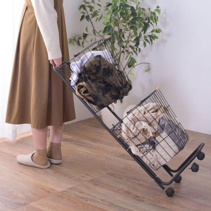 バスケットワゴン ブラック ホワイト W37×D40×H107 バスケットワゴン バスケット ランドリーワゴン 洗濯かご 洗濯物入れ 省スペース スリム キャスター付き スクエア型 収納 取り外し スタッキング可能 シンプル 清潔感 おしゃれ ブラック ホワイト azu-lfs-881の画像