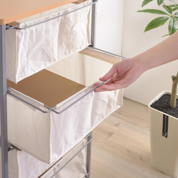 キャンバスチェスト4段 ベージュ W43×D44×H84 キャンバスチェスト4段 キャンバスチェスト チェスト キャンバス生地 グレー ナチュラル リビング 収納 スリム おしゃれ キャスター付き 衣装ケース ウッドトップ 布 ランドセルラック 衣類収納 洋服 キャンバス生地 移動 脱衣所 azu-mip-278の画像