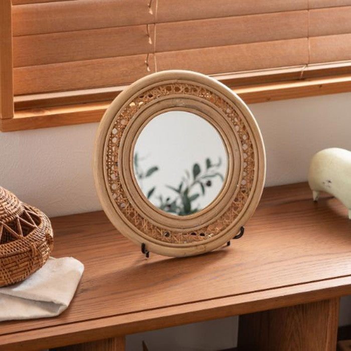 ラタンミラー 鏡 スタンド付き 約W26×D11.5×H23.5 ミラー 鏡 姿見 スタンド スタンド付き 丸型 円型 ラタン 籐 azu-mr-718の画像