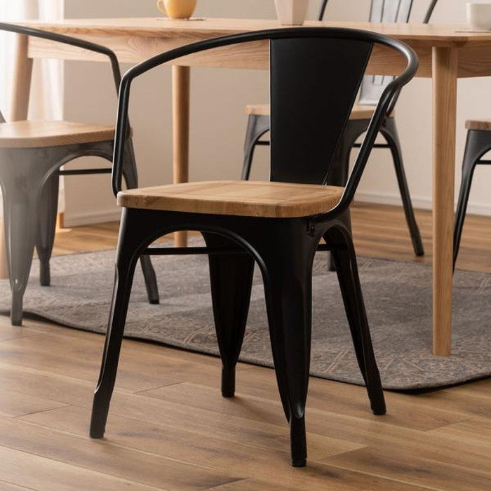 アームチェア ダイニング チェア ブラック シルバー W55×D54×H73×SH44.5 ダイニングチェア チェア チェアー イス 椅子 背もたれ アームレスト おしゃれ アイアン 木製 天然木 完成品 シンプル インダストリアル azu-pc-263の画像