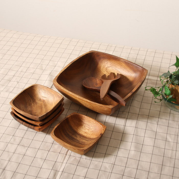 ボウルセット アカシア スプーン&フォーク付 A スクエア ブラウン 完成品 W270×D135×H170mm 1.2kg fj-15970の画像