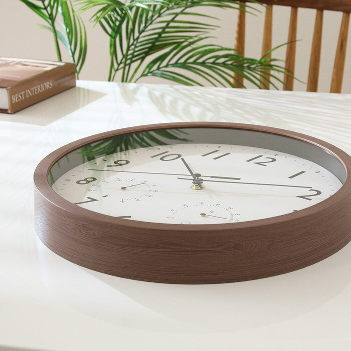 掛時計 掛け時計 かけ時計 フォレスト 温湿度計付 φ30 BR ブラウン 完成品 W300×D45×H300mm 0.88kg fj-19077の画像