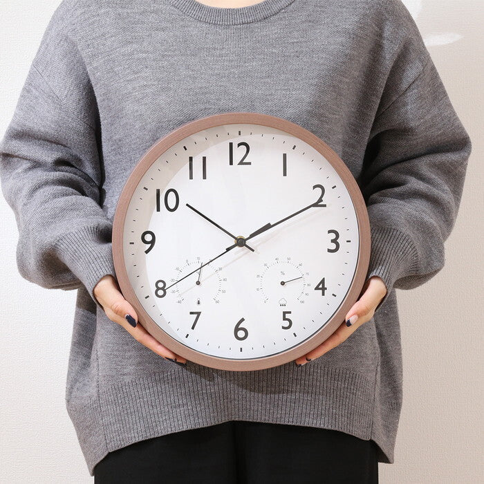 掛時計 掛け時計 かけ時計 フォレスト 温湿度計付 φ30 BR ブラウン 完成品 W300×D45×H300mm 0.88kg fj-19077の画像