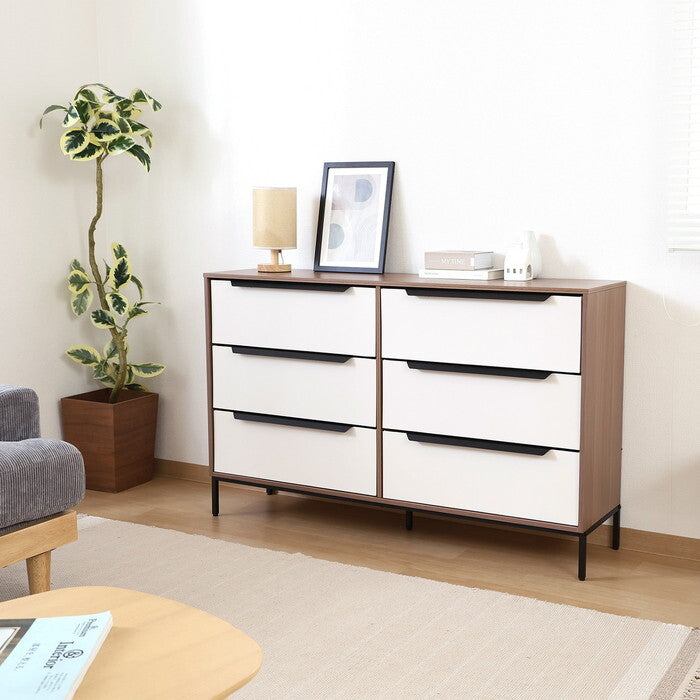 チェスト KD ファブリック クレオ 3段×2列 ホワイト×ブラウン WH × BR 組立品 W1176×D320×H733mm 16.6kg fj-29032の画像