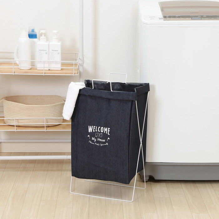 ランドリー ボックス 横型取手付 デニム ネイビー 完成品 W370×D270×H600mm 0.7kg fj-32812の画像
