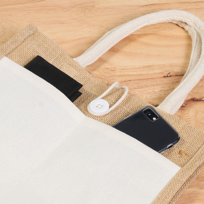 ジュートバッグ ポケット･ボタン付き S NA 完成品 W310×D160×H270mm 0.18kg fj-38723の画像