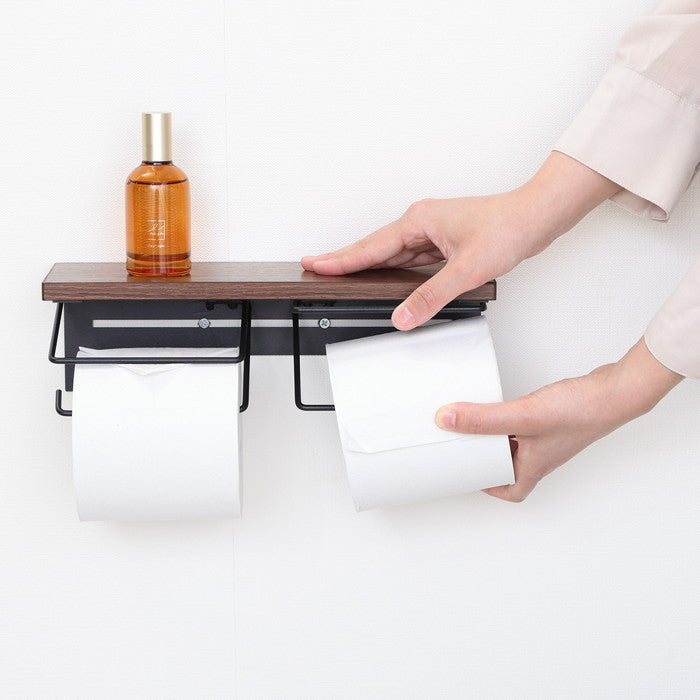 トイレットペーパー ホルダー 2ロール BR×BK ブラウン×ブラック 幅300×奥行100×高さ90 fj-38996の画像
