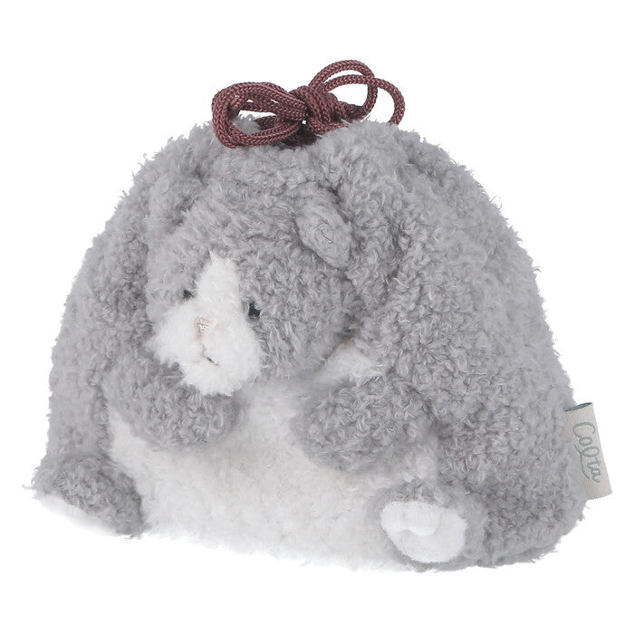 ポーチ アニマル 巾着型 ねこ グレー×ホワイト 完成品 W150×D105×H120mm 0.032kg fj-41688の画像