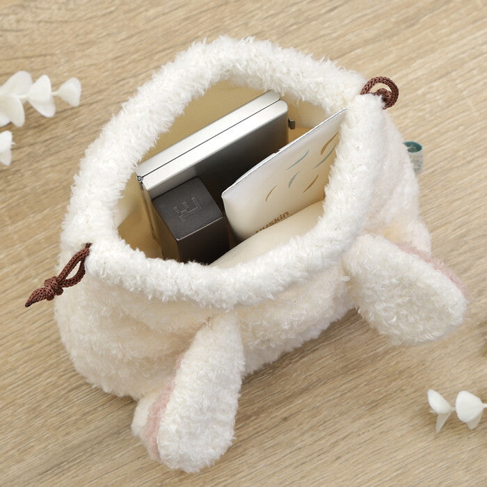 ポーチ アニマル 巾着型 うさぎ ホワイト×ピンク 完成品 W150×D105×H120mm 0.032kg fj-41692の画像