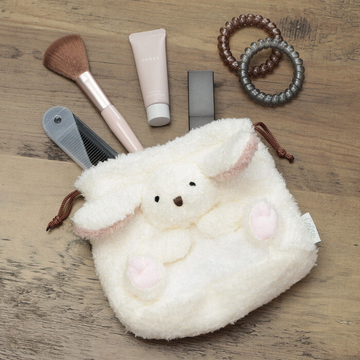 ポーチ アニマル 巾着型 うさぎ ホワイト×ピンク 完成品 W150×D105×H120mm 0.032kg fj-41692の画像