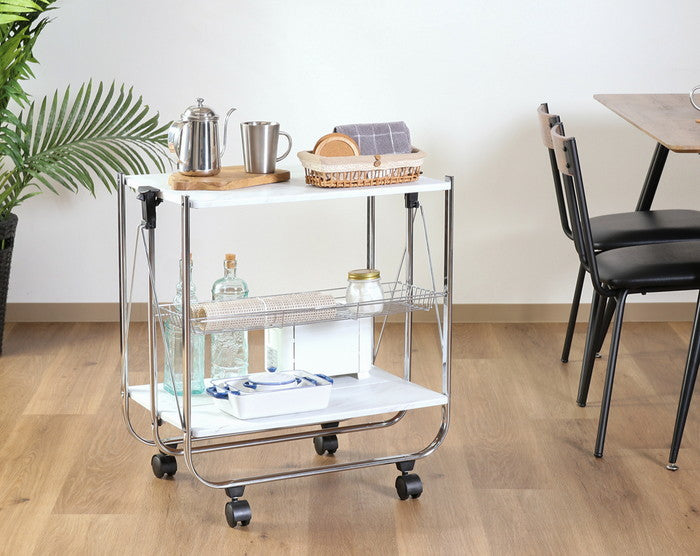 大理石柄フォールディングワゴン SG-0201-YN 白大理石柄 幅680×奥行400×高さ700mm 折りたたみ 折り畳み fj-45059の画像