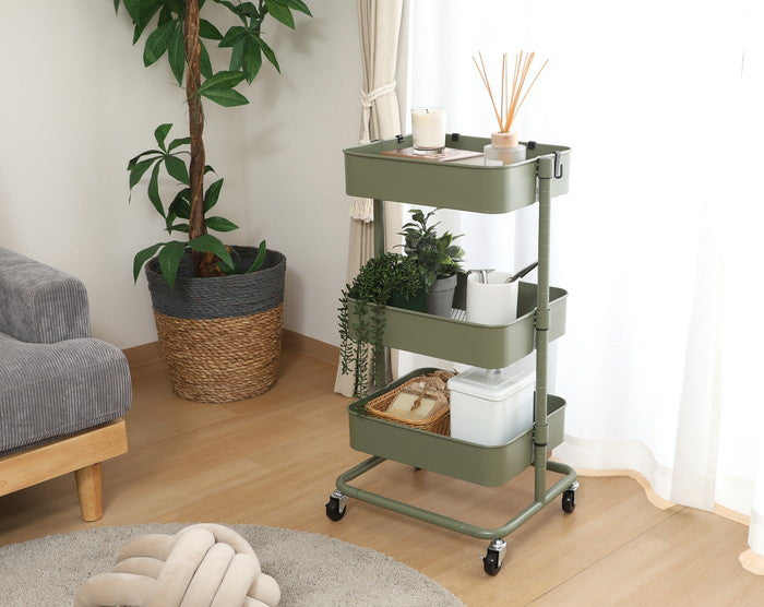 高さが調整できるワゴン マルシェ モスグリーン MH-0302-3MGR モスグリｰン 幅420×奥行360×高さ780mm fj-45069の画像