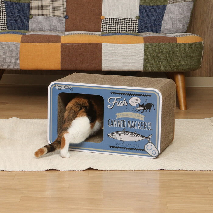 猫の爪とぎ 缶詰 54224 ナチュラル×ブルー 完成品 W450×D230×H270mm 1kg fj-68129の画像