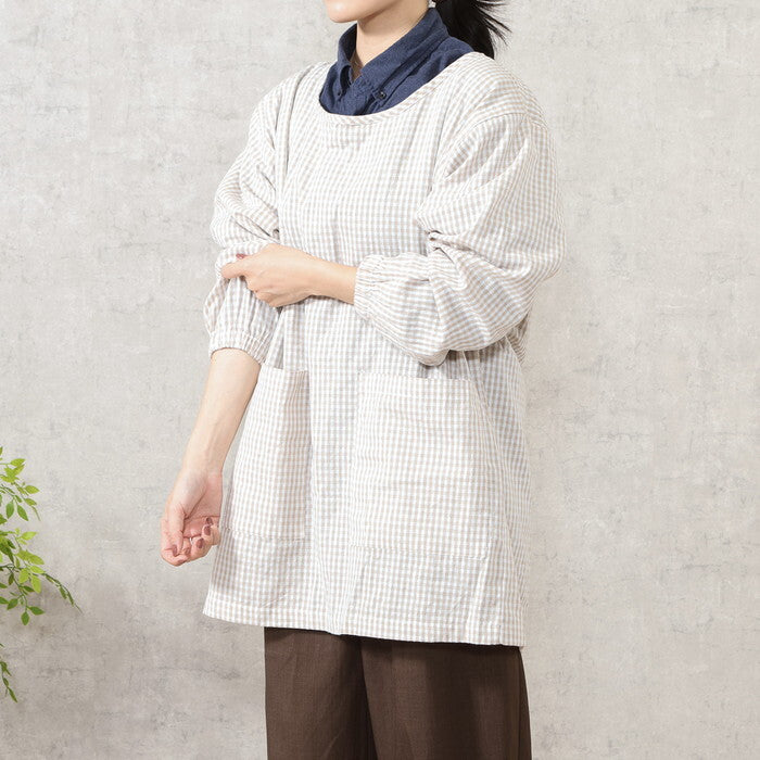 割烹着 水仕事しやすい ベージュ チェックベージュ 完成品 W1150×D810×H0mm 0.28kg fj-71836の画像