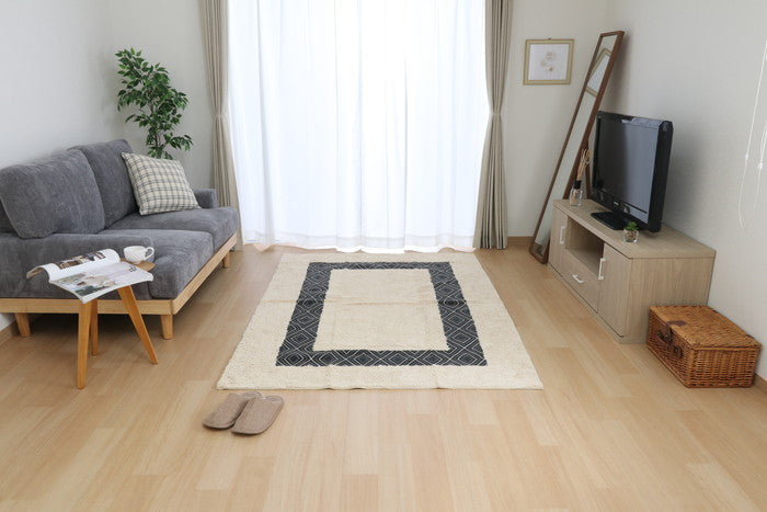 コットンラグ ETHNIC 130×190cm WH×BK 幅1300×奥行1900×高さ10 fj-7646の画像