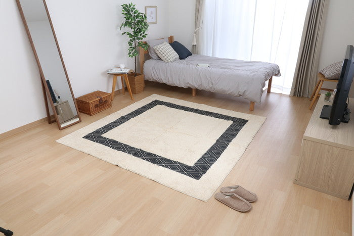 コットンラグ ETHNIC 185×185cm WH×BK 幅1850×奥行1850×高さ10 fj-7648の画像