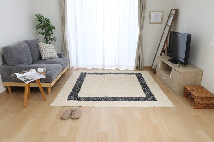 コットンラグ ETHNIC 185×185cm WH×BK 幅1850×奥行1850×高さ10 fj-7648の画像